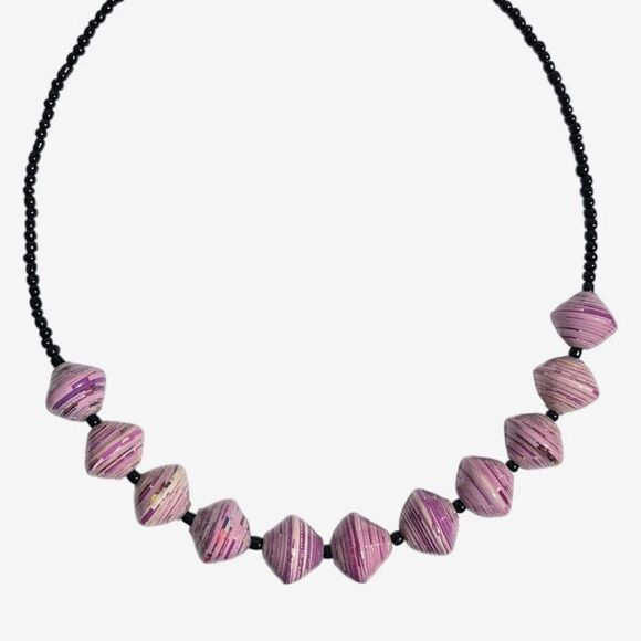 Bead For Life Necklace Paper Glass Beaded Purple Black Handmade Artisan Uganda - Picture 1 of 8